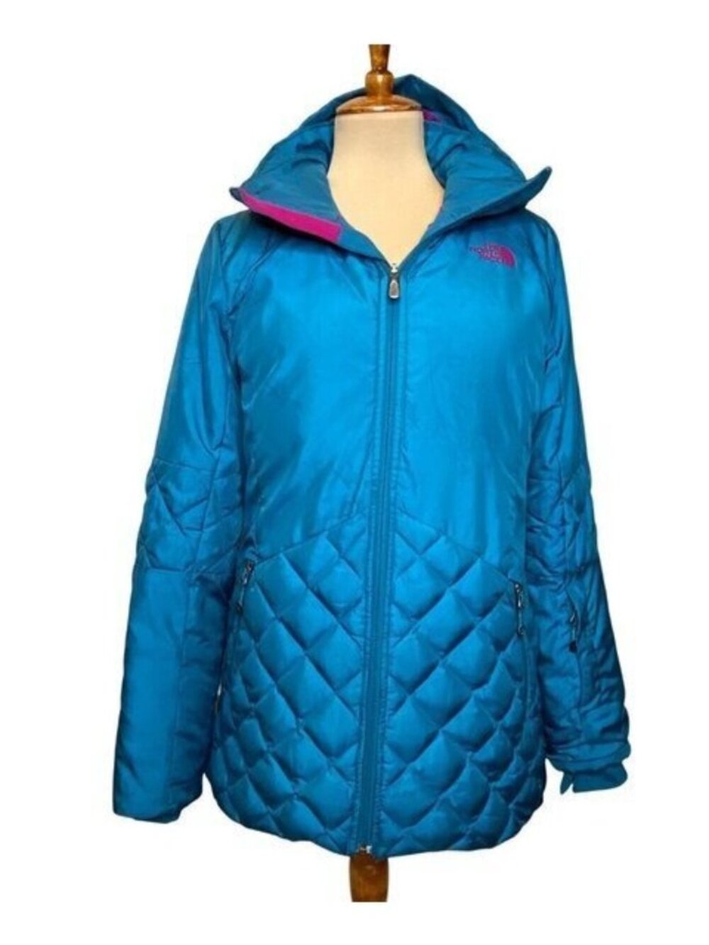 The North Face Womens Quilted Puffer Hooded Jacket Size M Blue Pink Trim